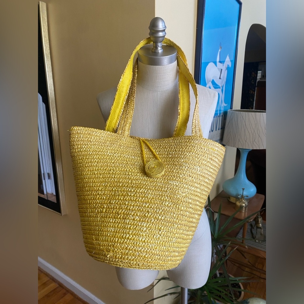 yellow woven straw summer tote bag